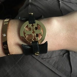 Tory Burch black leather logo bracelet